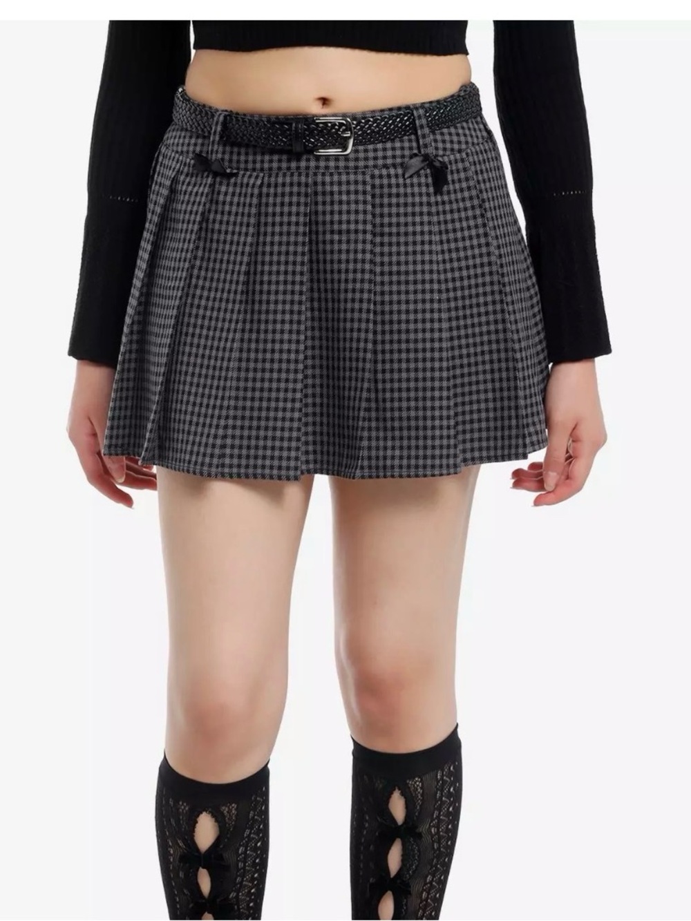 Gray Plaid Mini Skirt with Decorative Belt